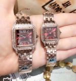 Panthere De Cartier Replica Watches Rose Gold Dark Red Dial